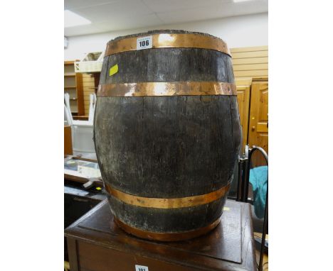 A small copper banded barrel for use as umbrella / stick stand, 44cms high