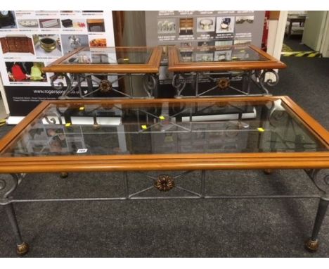 Glass top Long John coffee table with grey metal base together with a pair of matching lamp tables