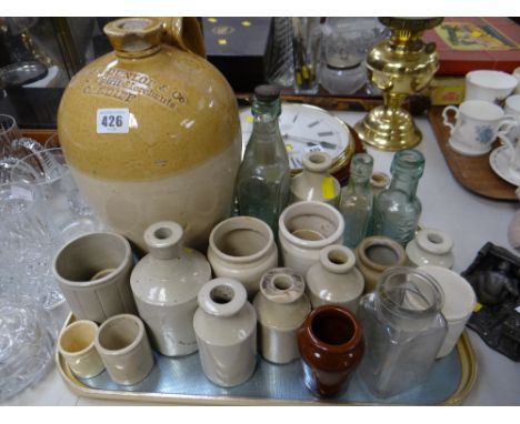 Tray of various old stoneware & glass bottles including a local Cardiff example for Fulton Dunlop & Co Wine & Spirits Merchan
