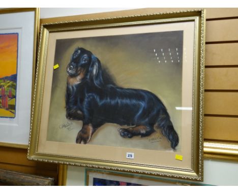 Framed mixed media portrait of Smartie the long haired dachshund, signed ALFRED THOMAS, dated 1981