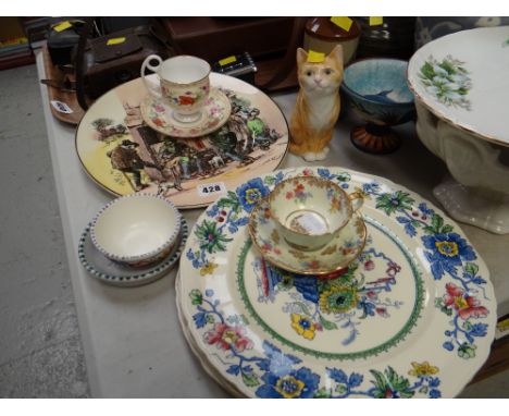 Royal Worcester 'Severn Street Cat' figure, Royal Doulton character plate, Mason's Strathmore dinner plates, two small Poole 