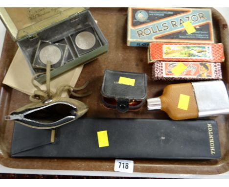 A leather wallet, parcel of coins, boxed Rolls Razor, hip flask etc