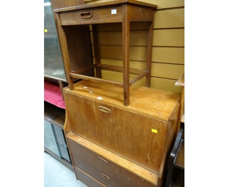 A vintage teak drop-down bureau with three drawers together with a matching side / lamp table