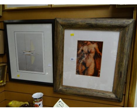 A framed limited edition (587/600) print of a sailing boat, signed, together with a framed print of a female nude