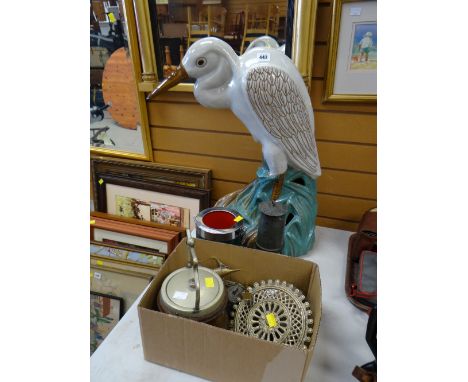 Large ceramic figure of a stork, miner's lamp & vintage wine cooler
