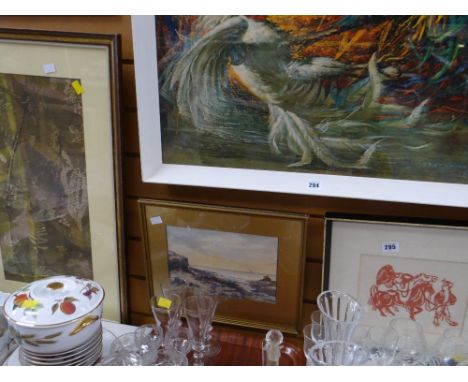 Linocut of male leading horses, Edwardian watercolour of a ship at sea, signed E HEATH & a silk print entitled 'Leaf Fall' by
