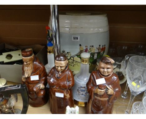 A large ceramic Barrel decorated with a mail coach,  Wade commemorative whisky bells etc