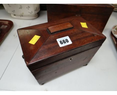 Small Georgian mahogany tea caddy with ivory inlay & lion head handles