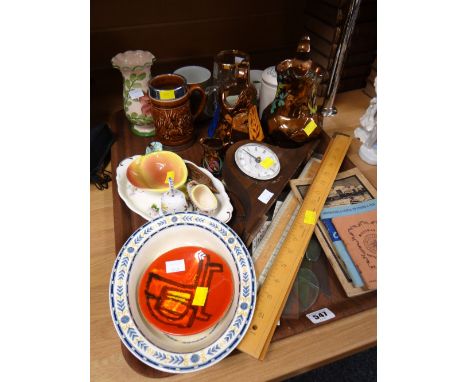 Tray of various china etc including small Poole pin dish, lustre jugs, modern mantel clock etc