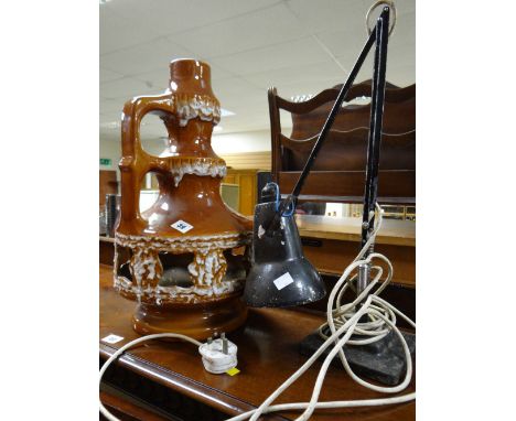 A vintage Scandesco ceramic lava glazed lamp base together with a black metal desk lamp E/T