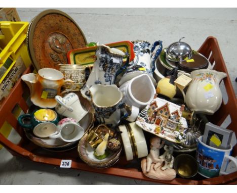 Crate of various household items including set of graduated Staffordshire lustre decorated jugs, Liliput Lane model, milk jug