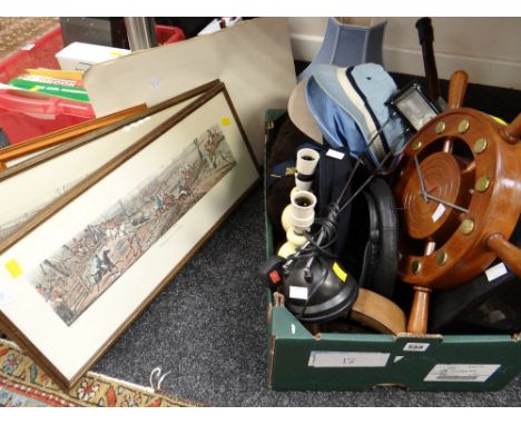 Crate of items including portable typewriter, ship's wheel clock, lamps, hunting prints etc E/T