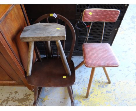 A small Ercol rocker, three-legged stool & vintage swivel chair