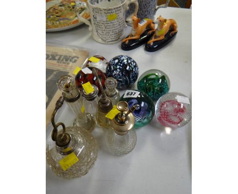 Collection of glass perfume bottles with silver rims together with Caithness & other paperweights