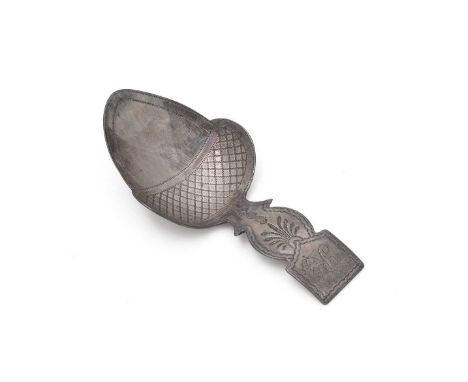 A George III engraved silver caddy spoon, with an acorn-shaped bowl and a squared terminal, initialled, by Elizabeth Morley, 