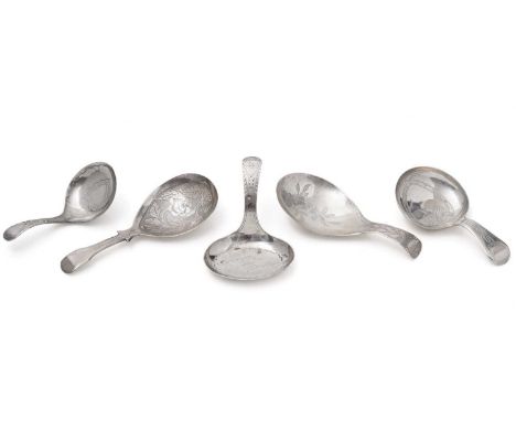 Five antique silver, Birmingham-made caddy spoons, with engraved decoration to include:- a Fiddle example by Francis Clarke 1