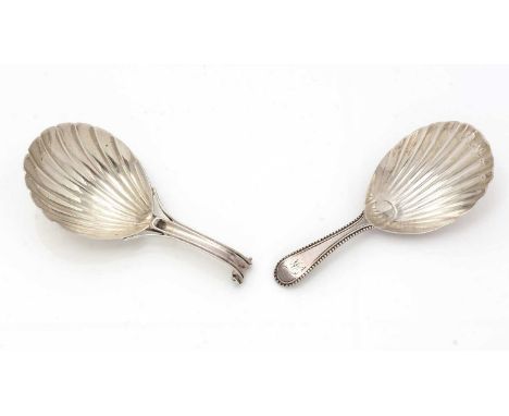 A George III silver caddy spoon, with a fluted bowl and a scroll terminal, by George Smith and William Fearn, London 1795; an