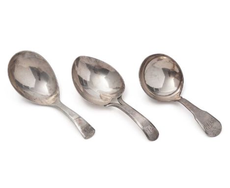 Two George III silver caddy spoons, each initialled and both by Josiah Snatt, London, 1801 and 1807, and a silver Fiddle patt