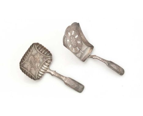 A George III engraved silver caddy spoon, with a pierced, shovel-shaped bowl and a hollow Fiddle-pattern stem, initialled "AB