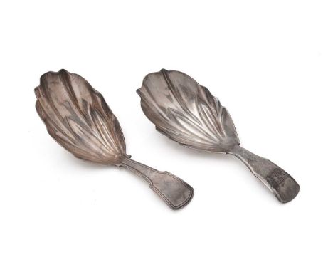 Two similar antique silver caddy spoons: - one with a Fiddle and Thread pattern stem, by Josiah Snatt, London 1807; the other