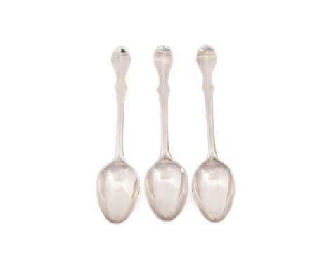 A set of three silver "Scottish Fiddle" teaspoons, initialled "RE" over "TP", by Milne and Campbell, Glasgow 1770-1780, 12.4c