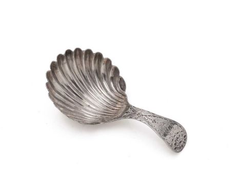 A George III silver caddy spoon, with a fluted circular bowl and a bright-cut stem, initialled, by Hester Bateman, London 178