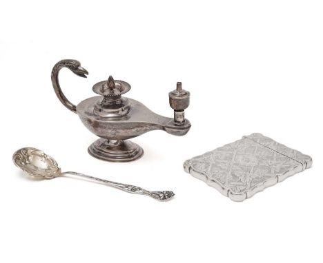 A mixed lot: a George V silver lighter in the form of a classical lamp with a bird-mask spout and two detachable pieces, make