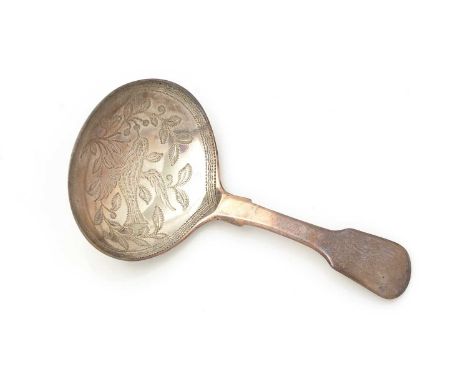 A George III/IV silver caddy spoon, Fiddle pattern, engraved with a bird eating fruit in a tree, by George Wintle, London 182