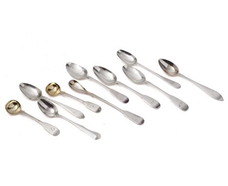 A small group of antique silver flatware:- a pair of Scottish Fiddle salt spoons, initialled "D", a Scottish Fiddle pattern c