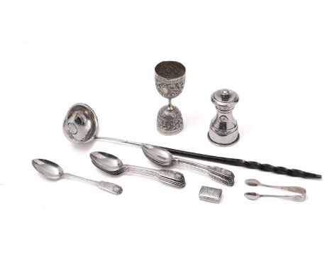 A mixed lot: a set of twelve Victorian silver teaspoons, Fiddle and Shell pattern, initialled "JG" and "M", by Messrs Lister 