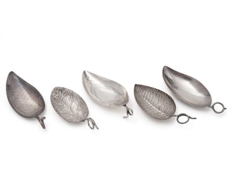 Five various George III silver caddy spoons, each in the form of a leaf by various makers London and Birmingham (E. Morley, S