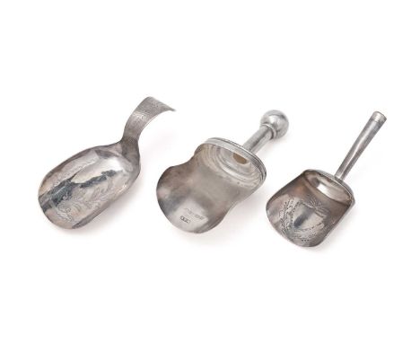 Three silver caddy spoons in the form of scoops:- a Victorian plain example with a ball finial by Hillard and Thomason, Birmi