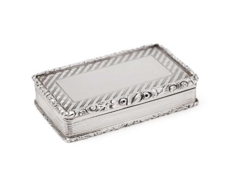 An early Victorian silver snuff box, rectangular with reeded sides, chased borders and engine-turned hatching on the base and