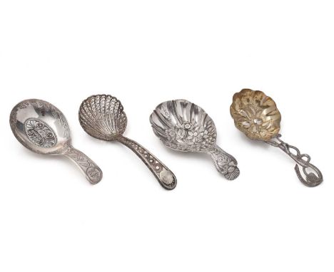 A Victorian silver naturalistic caddy spoon, with a gilt bowl, by Hilliard &amp; Thomason, London 1864, a George III filigree