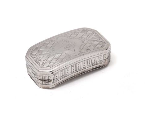 A George III engraved silver snuff box of canted oblong form, carved to fit the pocket, with a concealed hinge, a gilt interi