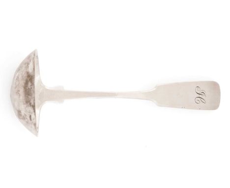 A silver Fiddle pattern toddy ladle, initialled "H", by John Mackie, Ellon C.1840, 14.8cm long, 1.1oz.Condition - 7.75/10