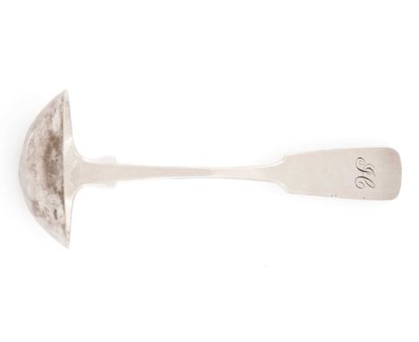 A silver Fiddle pattern toddy ladle, initialled "H", by John Mackie, Ellon C.1840, 14.8cm long, 1.1oz.Condition - 7.75/10