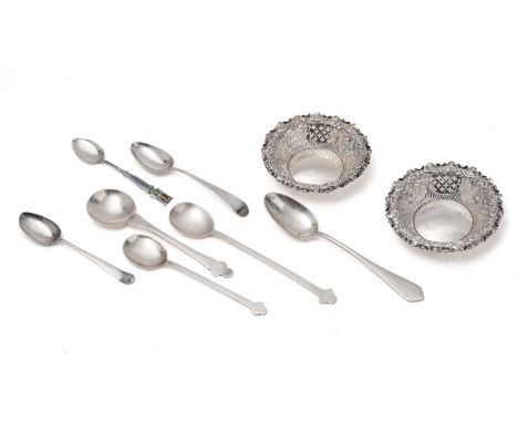 A mixed lot:- a small Viennese silver spoon, monogrammed c.1900; two small silver spoon and a plated spoon with trefid termin