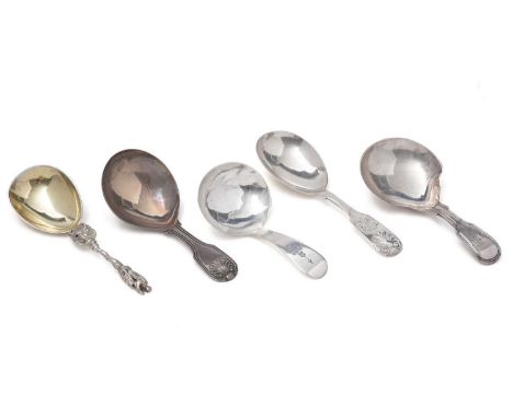 Five various silver London-made caddy spoons, to include:- an apostle example with a gilt bowl by Henry Holland, London 1869,