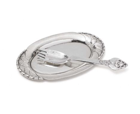 A Danish silver small oval dish with decorated ends, by Georg Jensen of Copenhagen; and a small Danish Silver fork, inscribed