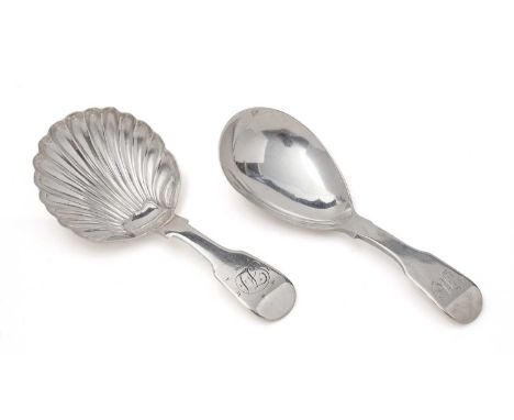 Two North County provincial silver caddy spoons: - a plain Fiddle example with a drop-shaped bowl, initialled, by J. Barber a