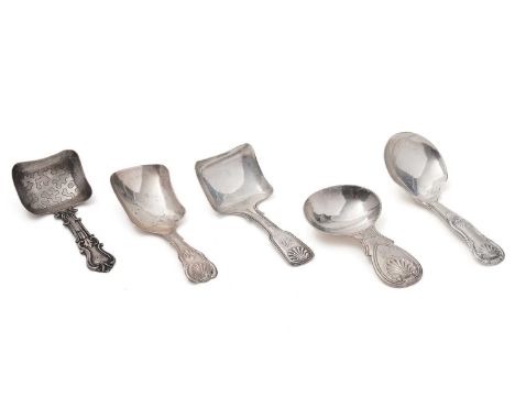 Five various antique silver caddy spoons, (three with initials), all by Birmingham maker's (Joseph Wilmore, George Unite, and