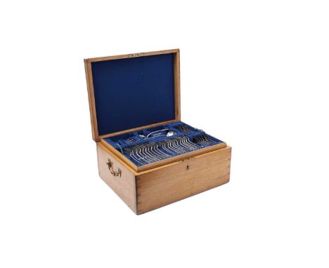 A Victorian North Country canteen of Old English pattern flatware and cutlery in a lined and fitted oak case, to include: twe