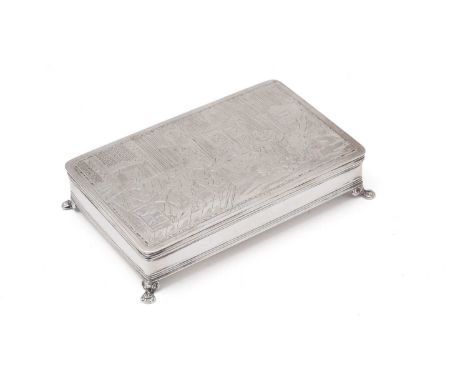 A 19th Century Dutch silver table snuff box, rectangular with rounded corners, reeded borders and four short paw feet, the co