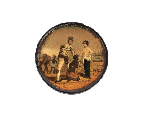 An early 19th Century abolitionist papier-mache snuff box, in the manner of Stobwasser, of circular form, the lid painted wit
