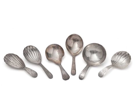 Six George III silver caddy spoons, with a bright-cut stems, (four initialled), by various makers, London 1790-1804, the long