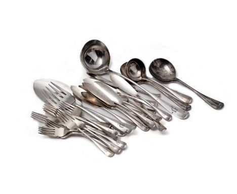 A George V silver part service of Hanoverian pattern flatware and cutlery, to include: - twelve fish knives; eleven fish fork