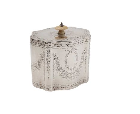 A George III silver tea caddy with bright-engraved decoration, of serpentine outline with a flat cover, concealed flush hinge