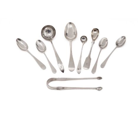 A small group of Scottish provincial silver, to include: a later-pierced toddy ladle, initialled "R", a dessert spoon, a Fidd