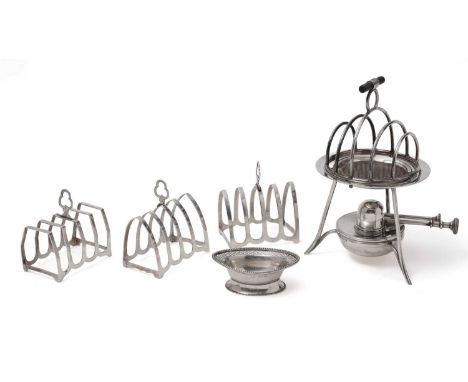 A late Victorian electroplated toast rack on a warming stand, with burner, by Asprey &amp; Co.; a pair of small silver triang